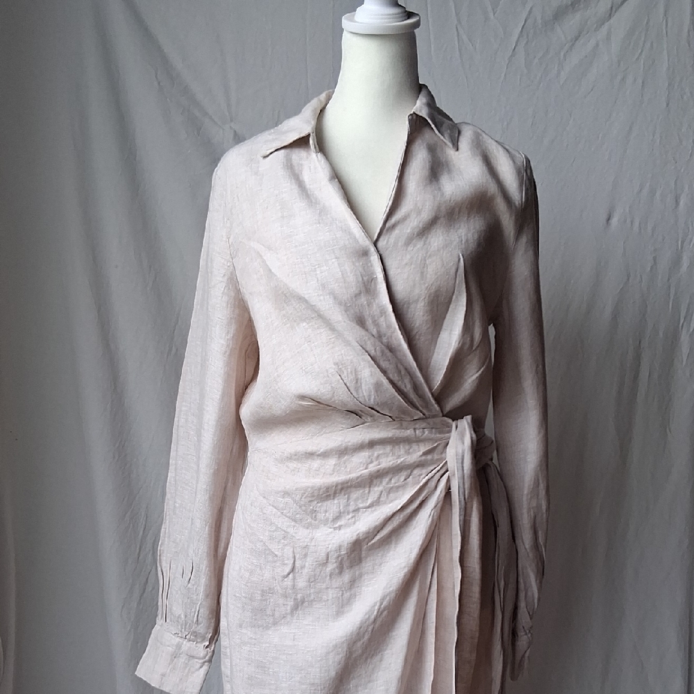 Magaschoni 100% Linen Elegant Cream Wrap Dress Size 6 - Picture 2 of 13